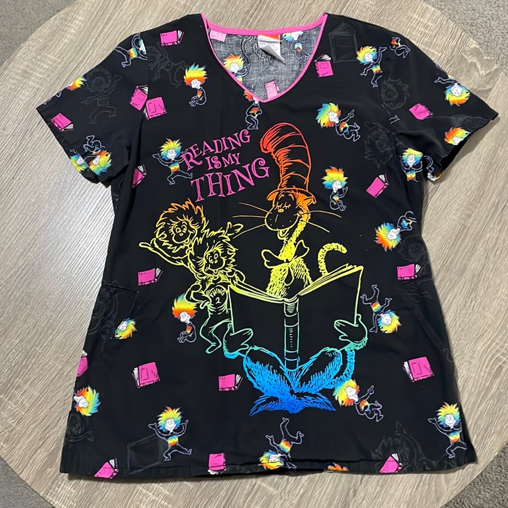 Dr. Seuss Cat in the Hat “Reading is my Thing” Women’s scrub top
